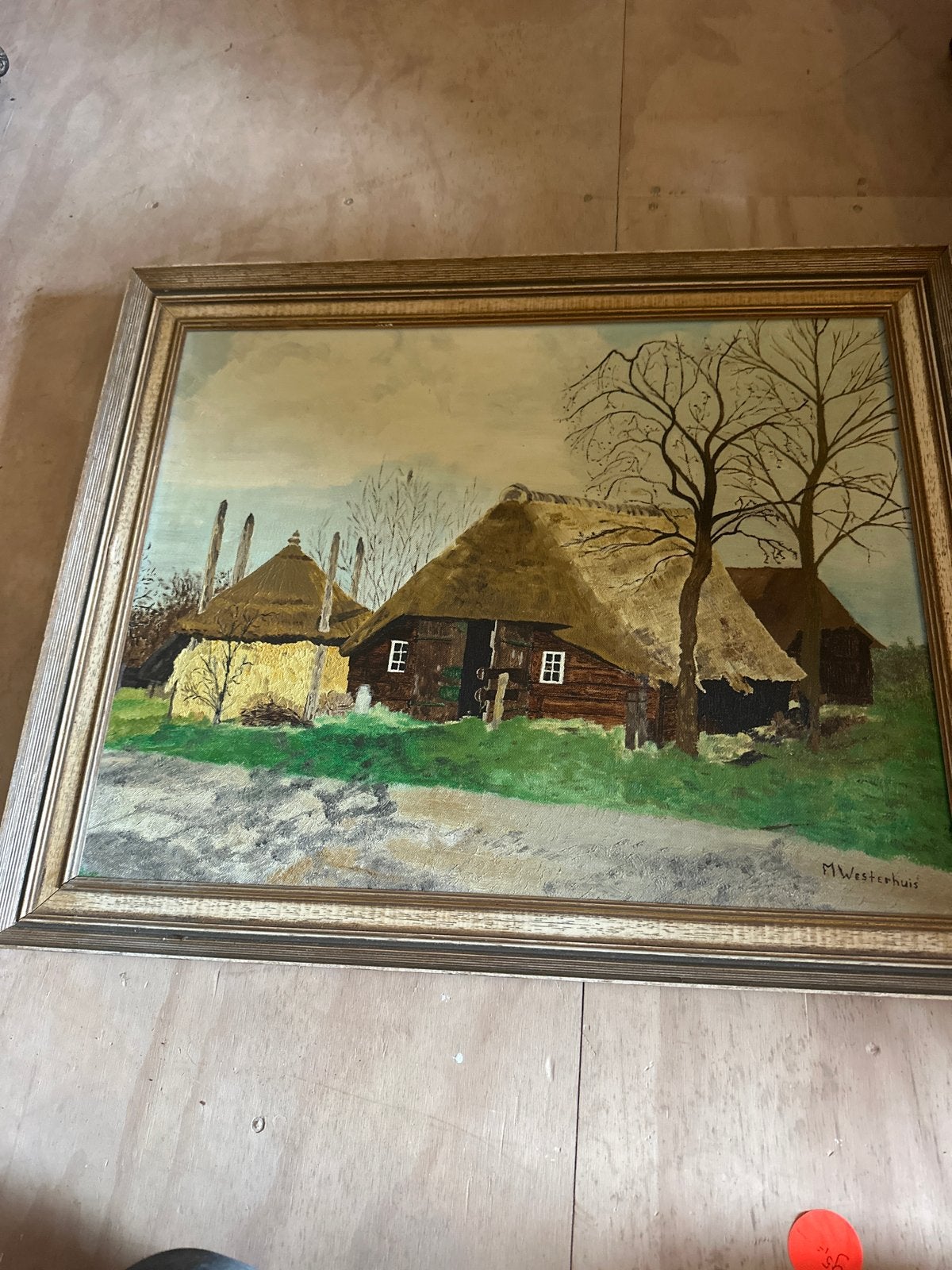 Schilderij met rietgedekte boerderijen - Gesigneerd, Ophalen of Verzenden