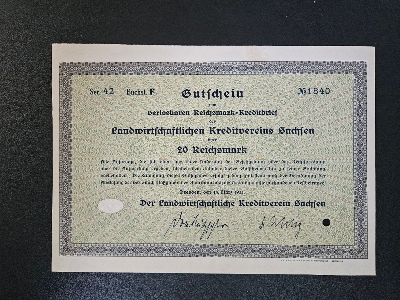Duitsland kreditbrief 20 reichsmark Dresden 1934, Verzenden, Duitsland, Los biljet