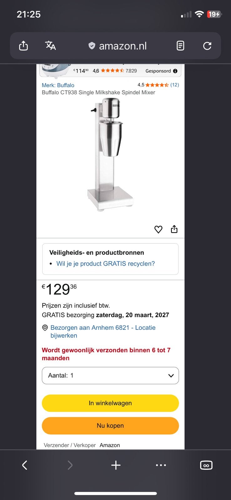 Buffalo Single Milkshake Mixer CT938-E - RVS, Witgoed en Apparatuur, Minder dan 1 liter, Ophalen of Verzenden, Nieuw, 2 snelheden