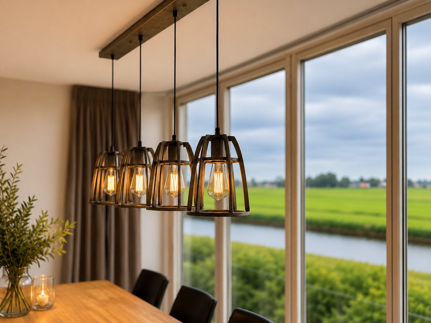 Industriële hanglamp met 4 met Calex LED lampen, Ophalen, Metaal, Industrieel