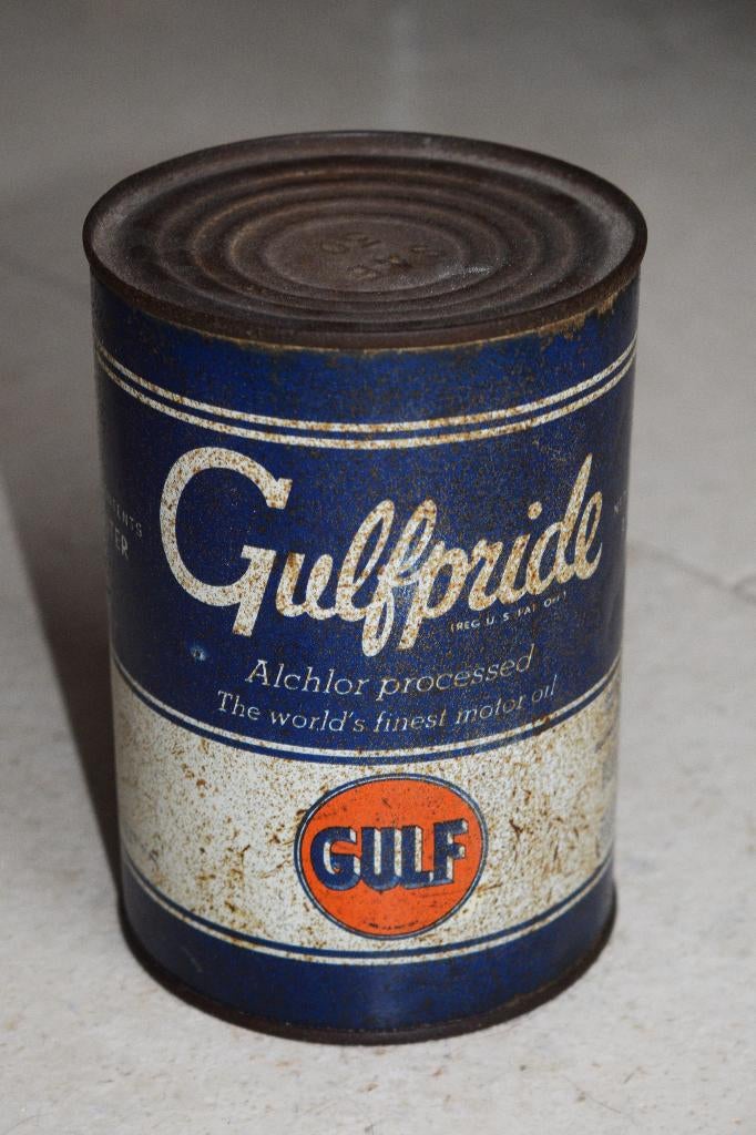 oude Gulf olie blik van 1 liter, Verzamelen, Ophalen of Verzenden, Gebruikt, Verpakking