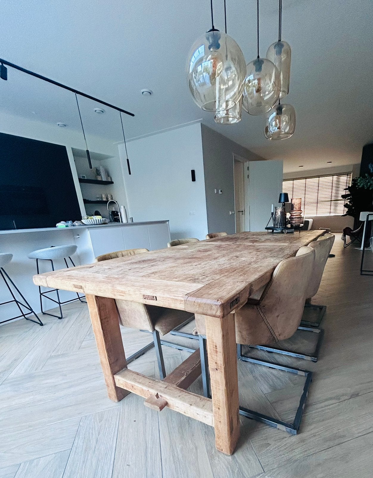 Grote eettafel 2.40m van oud massief teakhout (Looiershuis), Huis en Inrichting, Ophalen, 100 tot 150 cm, Teakhout, 200 cm of meer