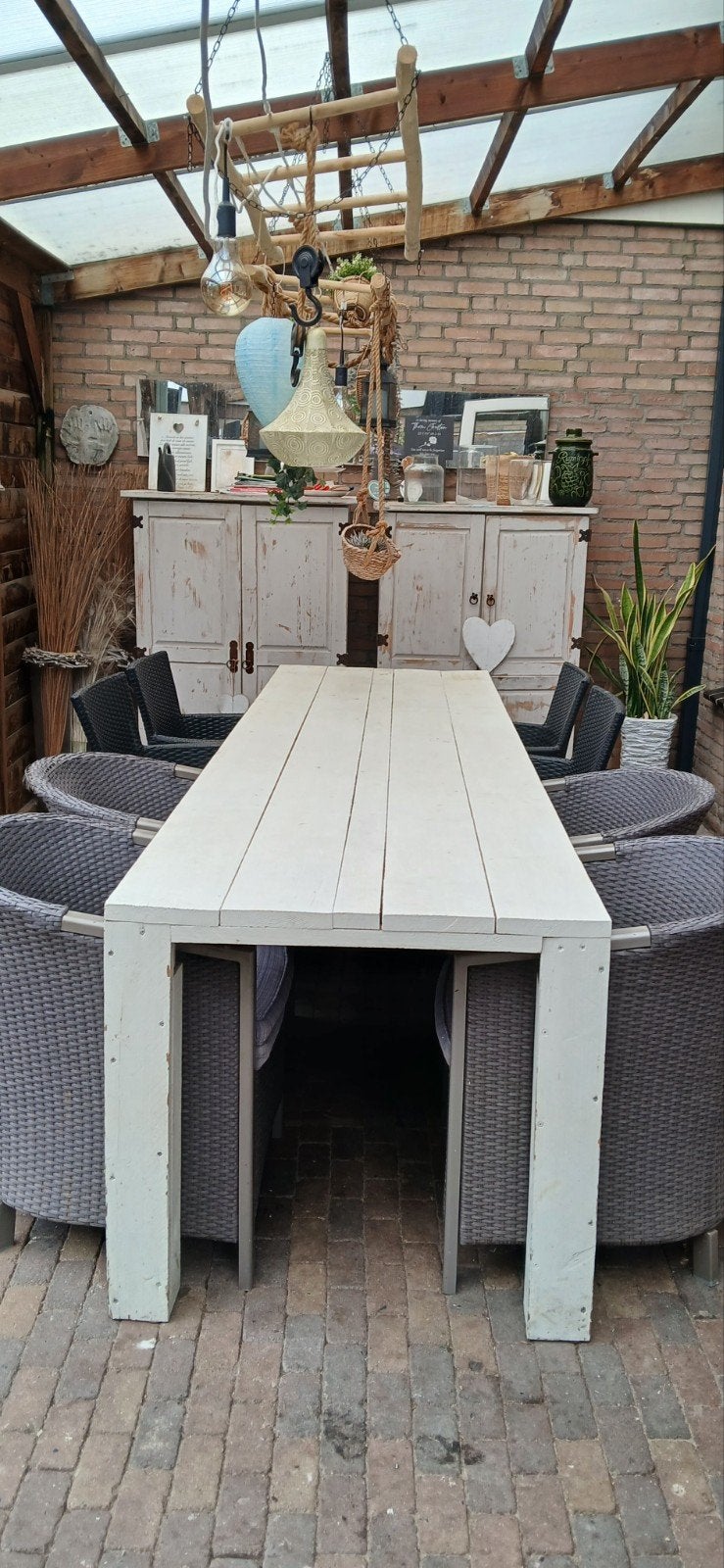 Steigerhouten tuintafel 300 cm met 8 stoelen, Tuin en Terras, Ophalen, Gebruikt, Steigerhout, 8 zitplaatsen