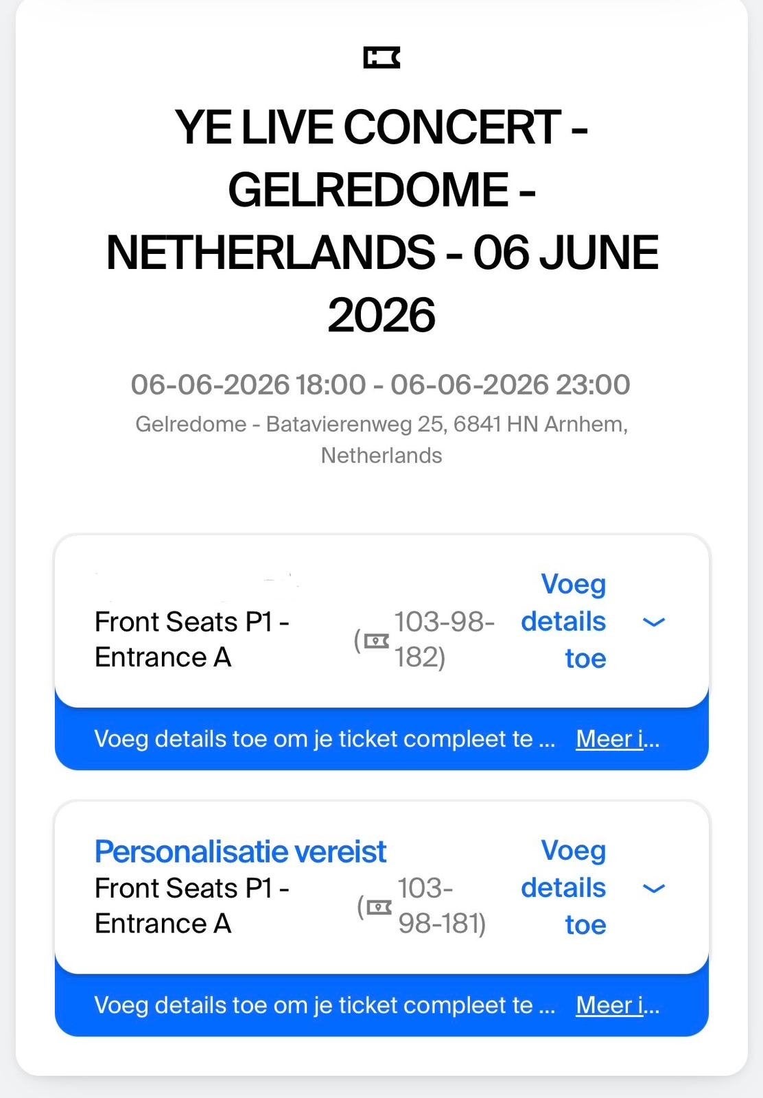 Kan(ye) west tickets gelderdome 2x Front seats!, Tickets en Kaartjes, Twee personen, Juni