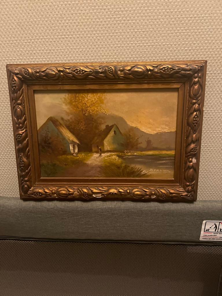 Landschap met boerderijen en molen in goudkleurige lijst, Antiek en Kunst, Kunst | Schilderijen | Klassiek, Ophalen