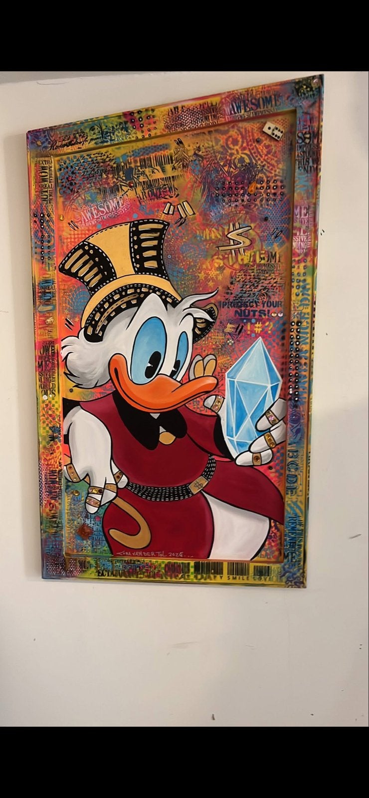 Dagobert Duck in aparte schuine lijst - Pop Art schilderij, Ophalen, Hout, Ingelijst, Gemengde techniek