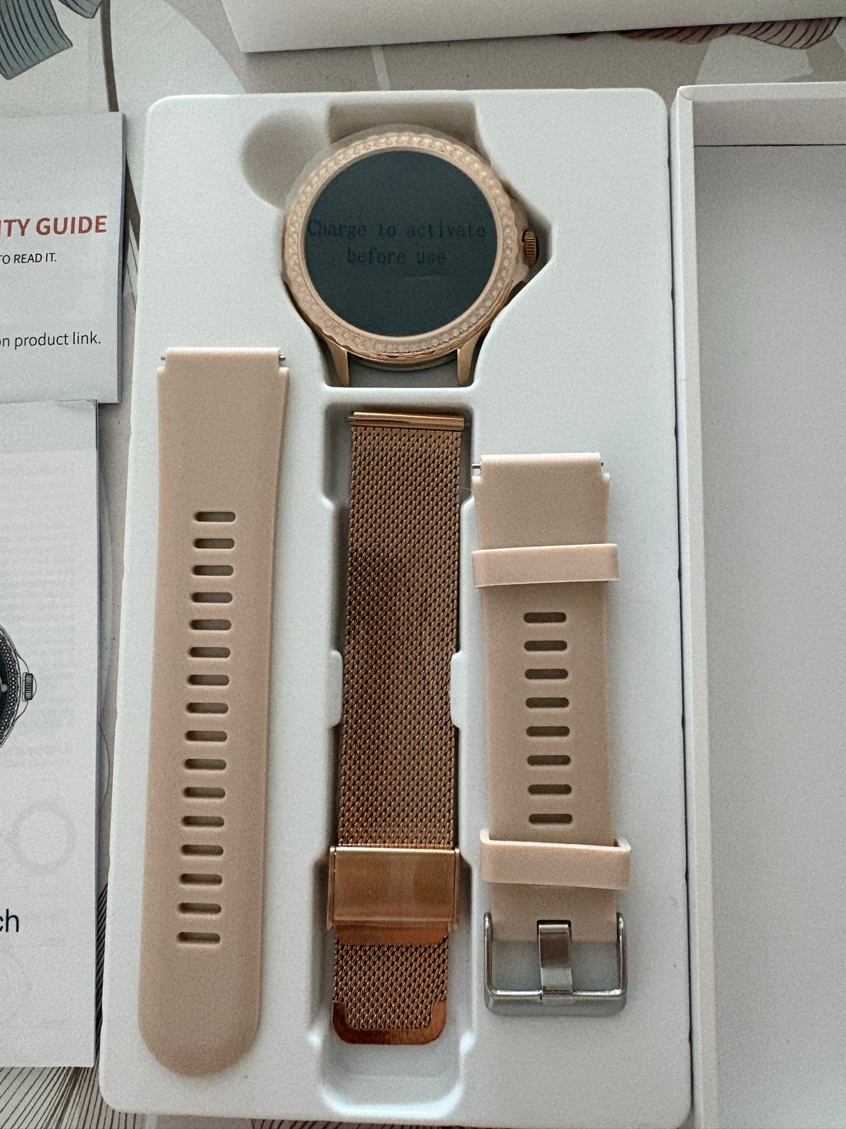 Smartwatch rosé goud 43mm nieuw in verpakking + extra bandje, Hartslag, Nieuw, Ophalen of Verzenden, Waterdicht