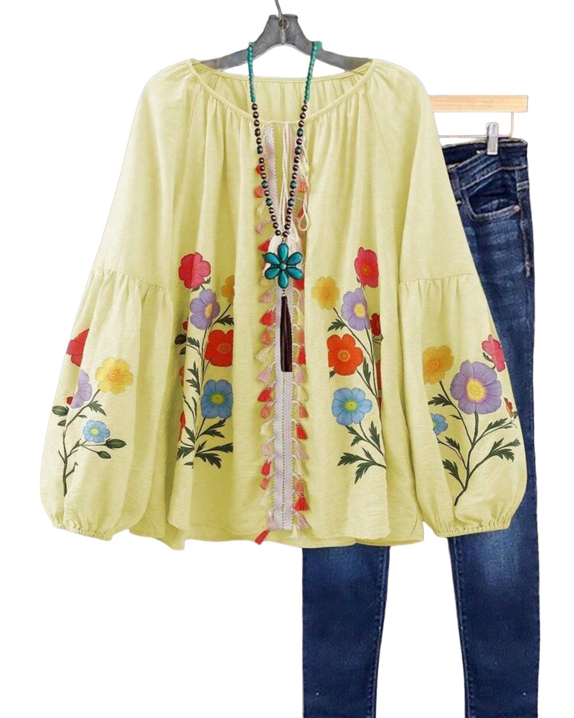 blouse met bloemenprint en kwastjes Geel (44-52), Kleding | Dames, Grote Maten, Verzenden, Nieuw, Geel, Blouse of Tuniek