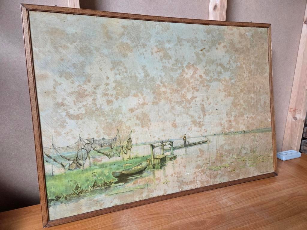 Originele aquarel Van Beek, (haventje/visser/fuiken), Antiek en Kunst, Ophalen of Verzenden