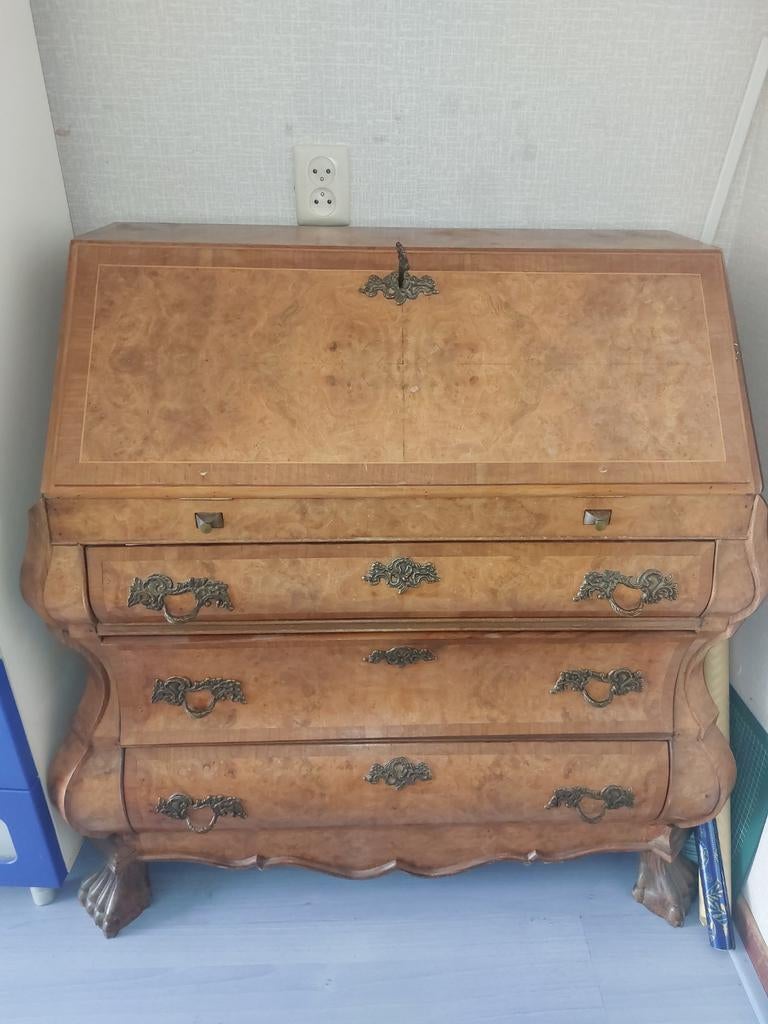 Antiek wortelnoten secretaire met 3 laden, Ophalen of Verzenden