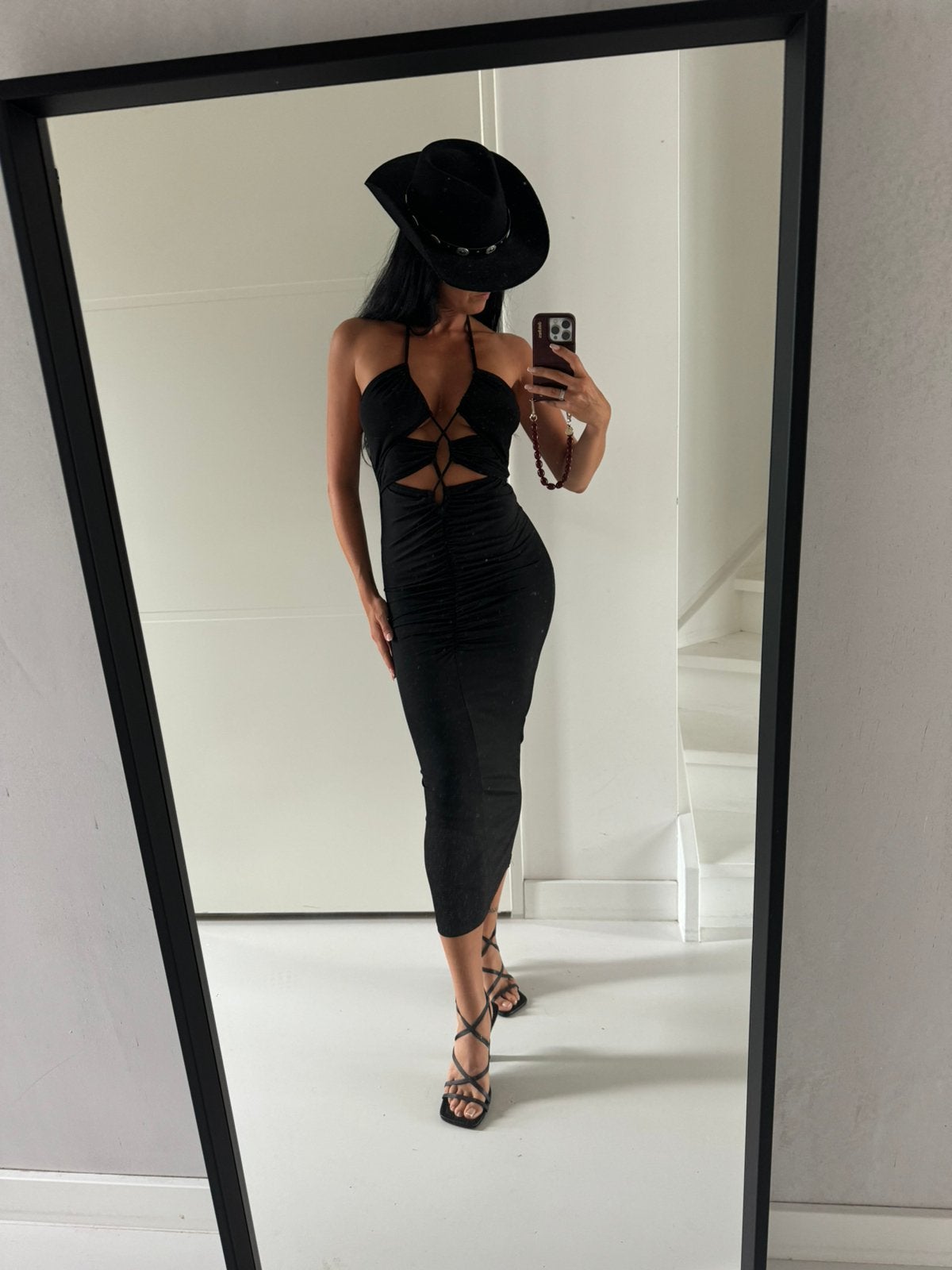 Shein Zwarte Halter Midi/Maxi Jurk met Cut-Outs (Maat XS/S), Zwart, Ophalen of Verzenden, Zo goed als nieuw, Maat 34 (XS) of kleiner