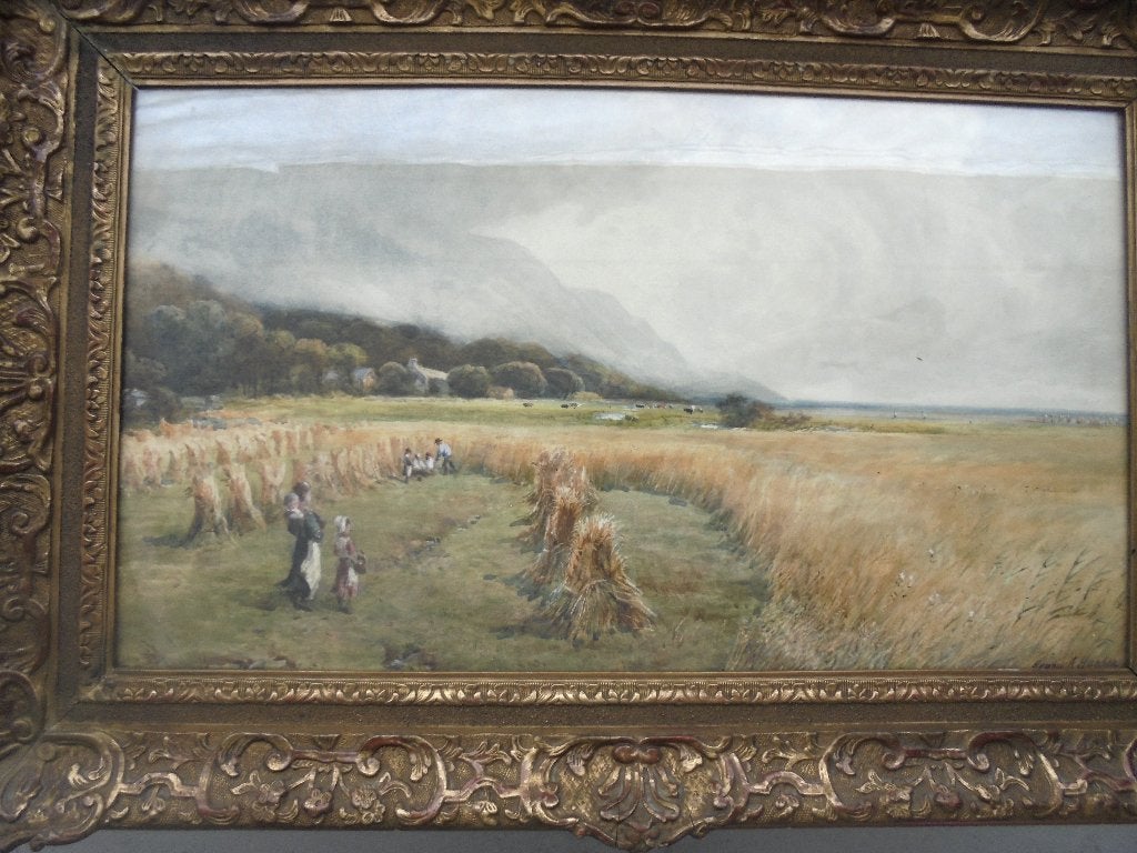 aquarel frans landschap met korenvelden moeder met kind, Gesigneerd, Impressionistisch, Ophalen of Verzenden, Landschap