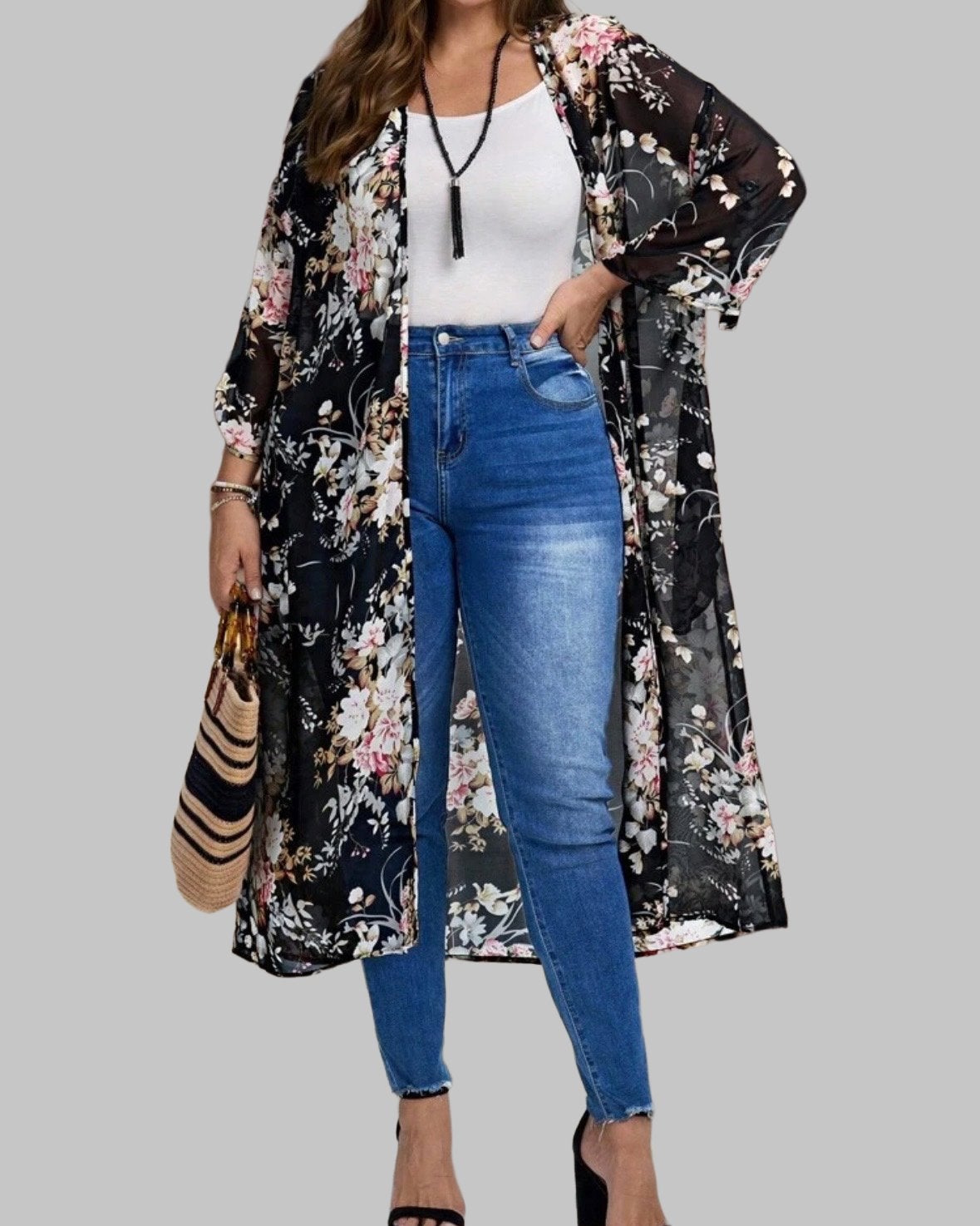 Lange Kimono met Bloemenprint (46-54), Verzenden, Nieuw, Zwart, Trui of Vest