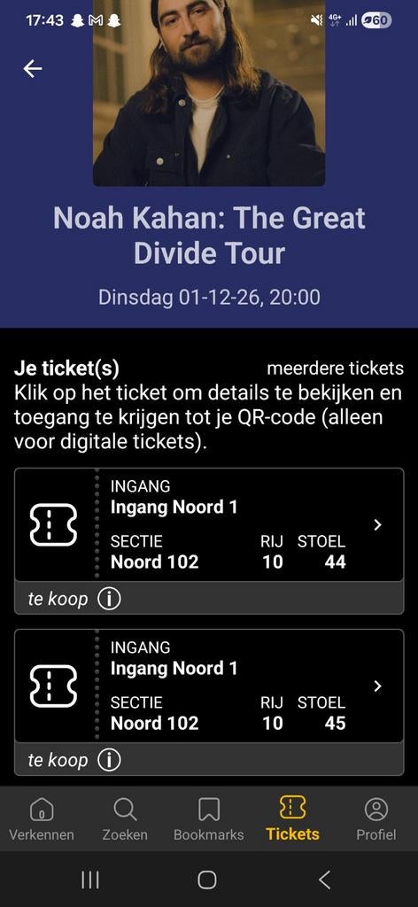 Noah Kahan Tickets!! 2 zitplekken 1e rang, Tickets en Kaartjes, Twee personen, December