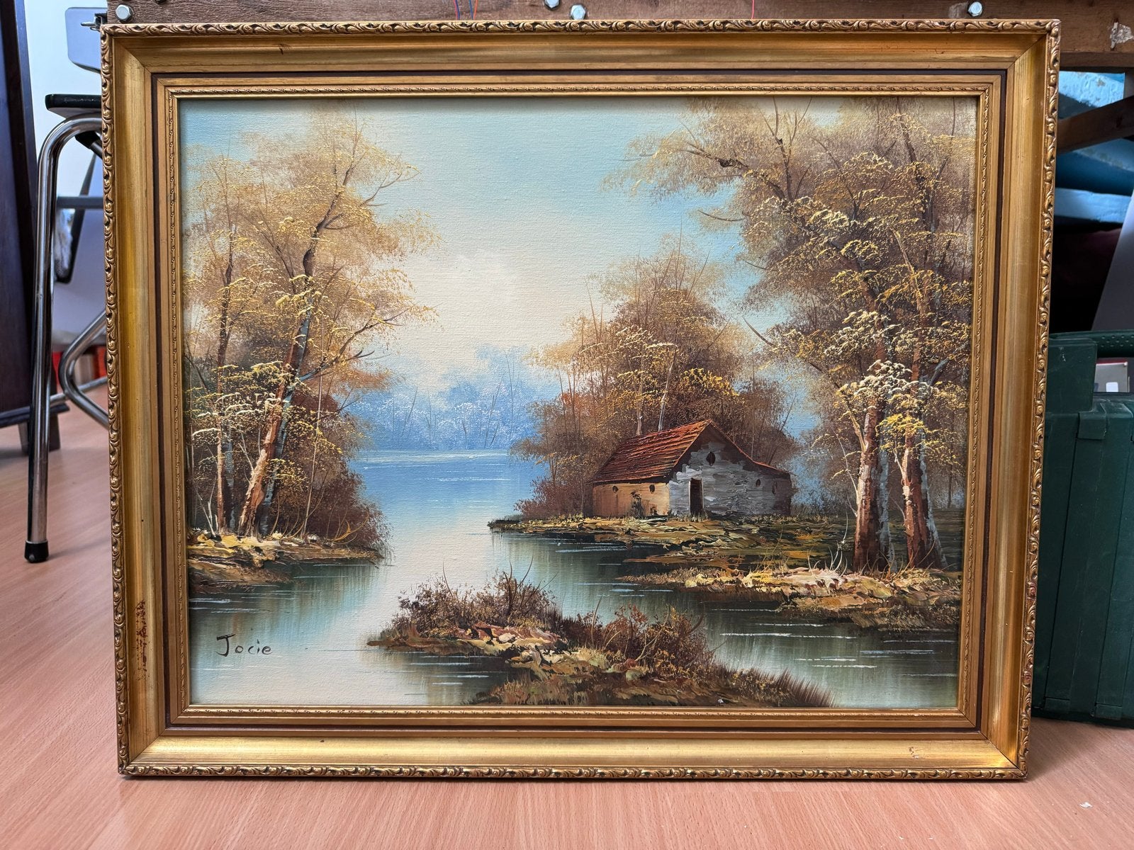 Schilderij 'Jocie' - Landschap met huisje aan het water, Ophalen, Doek, Gesigneerd, Landschap