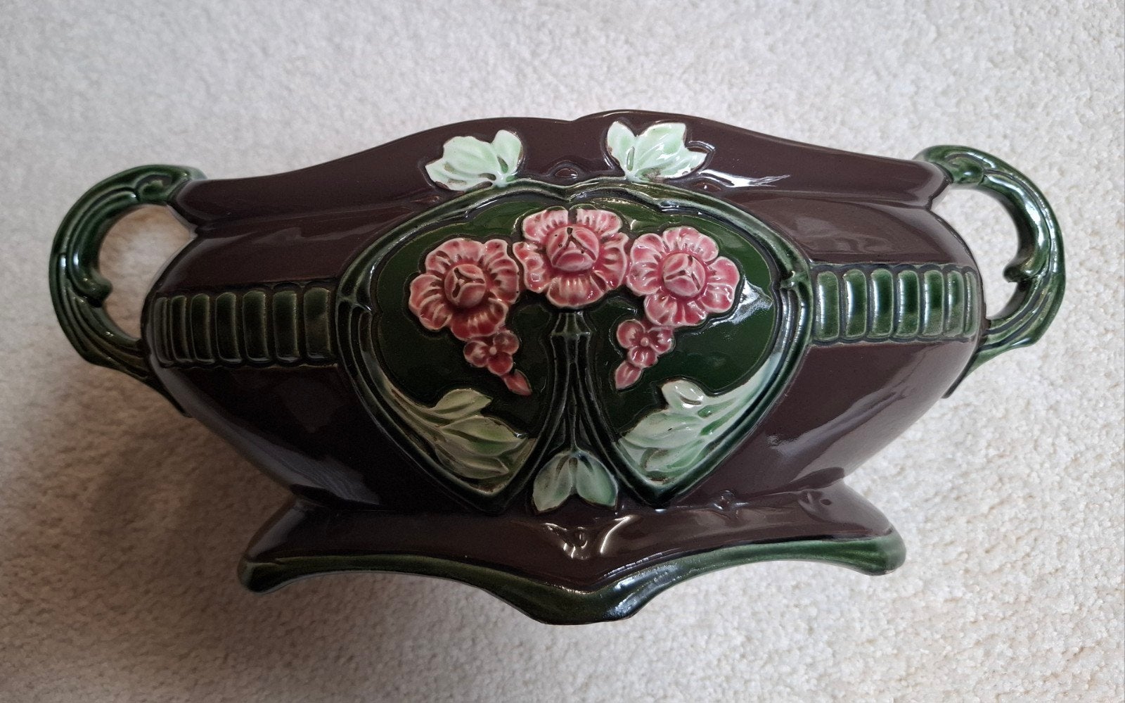 Antieke Art Nouveau bloempot/plantenbak - Bruin/Groen, Ophalen of Verzenden