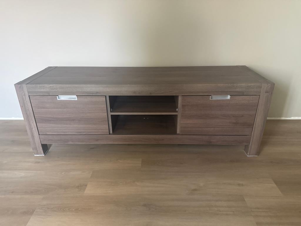 Modern Tv meubel - Donkerbruin met opbergruimte, Ophalen, Gebruikt, 150 tot 200 cm, Minder dan 100 cm