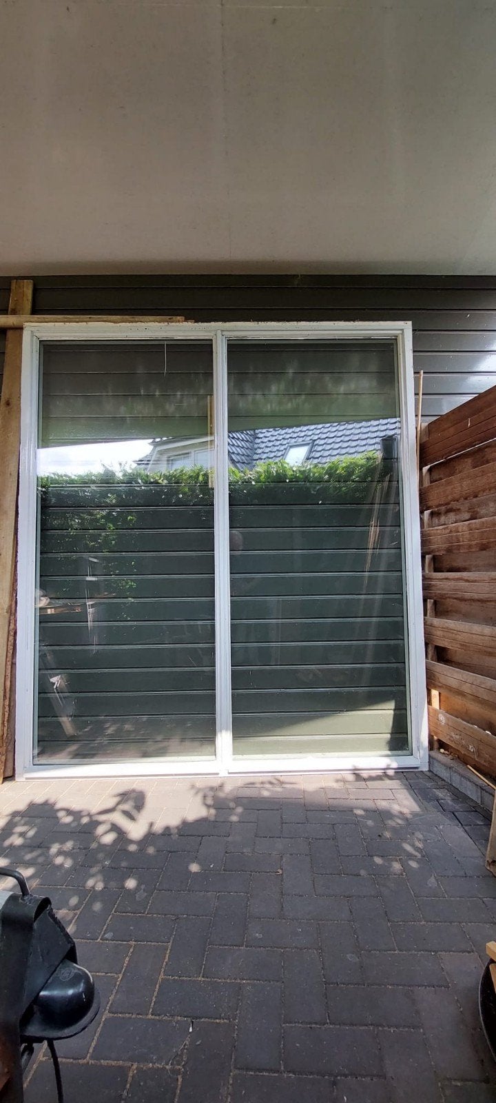 Grote houten pui met dubbelglas en glaslatten., Ophalen, Gevelraam of Ruit, Gebruikt, 160 cm of meer