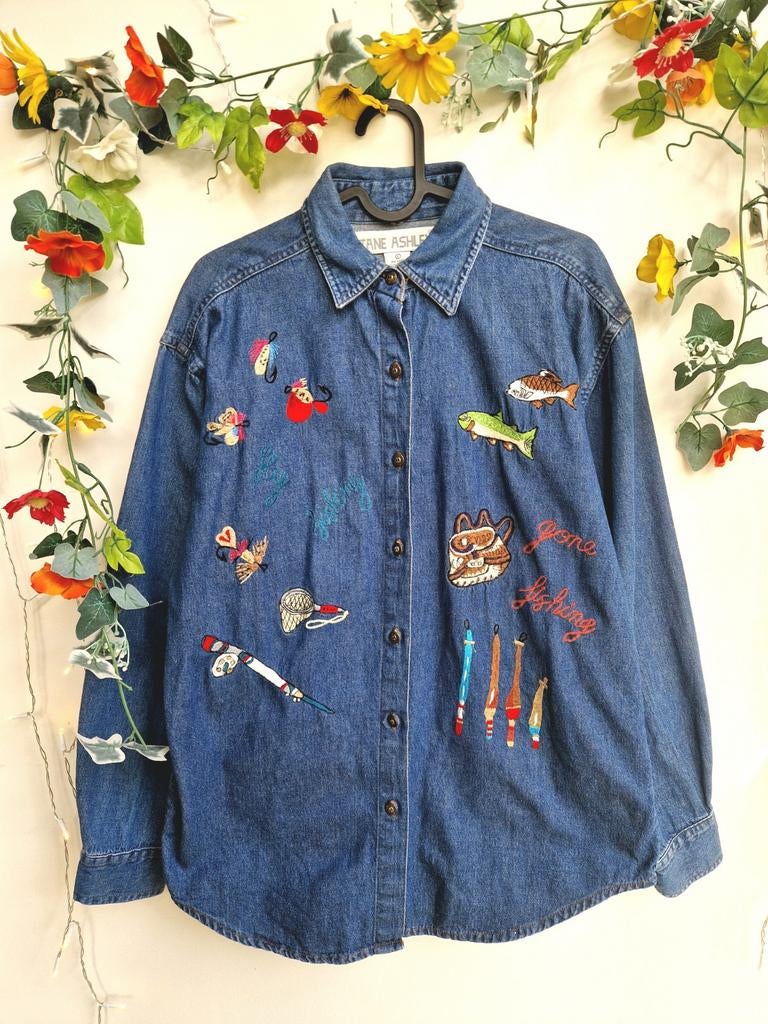 Super leuke unieke vintage denim overhemd borduursels, Ophalen of Verzenden, Zo goed als nieuw, Maat 42/44 (L), Blauw