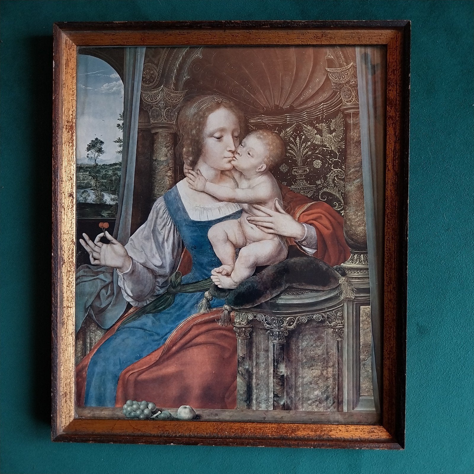 Vintage Madonna met kind - Klassieke afbeelding houten lijst, Antiek en Kunst, Portret of Personen, Achter glas, Ophalen of Verzenden