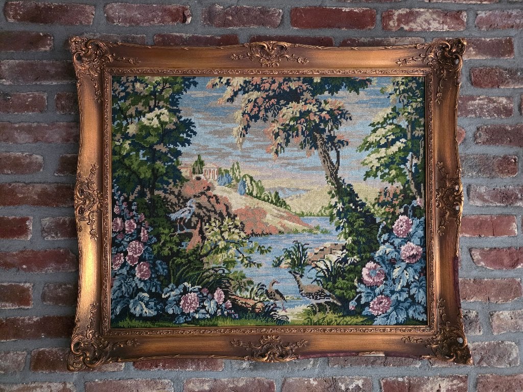 Handgemaakt gobelin landschaps tafereel in barok lijst, Antiek en Kunst, Curiosa en Brocante, Ophalen of Verzenden