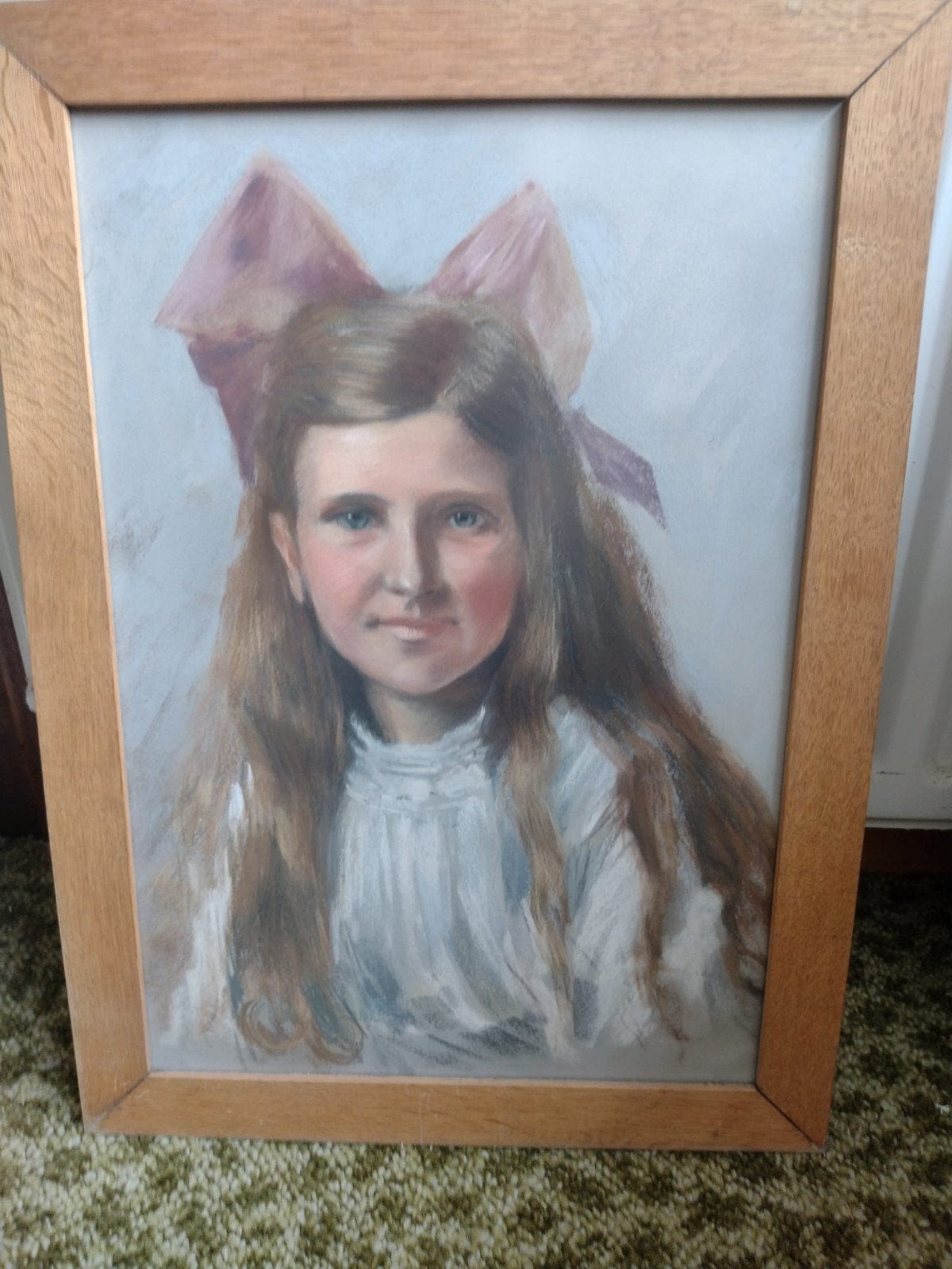 Vintage Pastel Portret van Meisje met Roze Strik, Ophalen of Verzenden