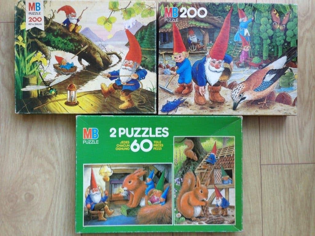 4 Vintage MB DAVID de KABOUTER Puzzels 60 - 200 Stukjes., Ophalen of Verzenden, Meer dan 50 stukjes, Gebruikt, 6 jaar of ouder
