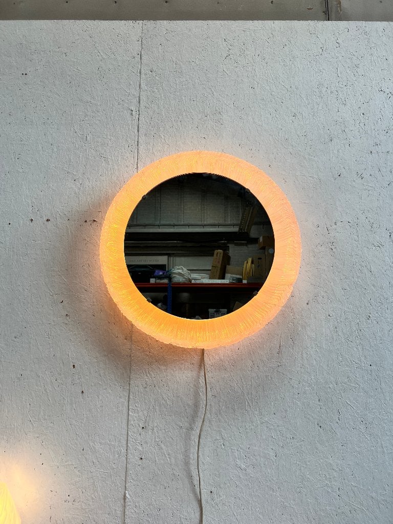 Vintage ronde Hillebrand Iceglass spiegel met verlichting, Gebruikt, Ophalen of Verzenden, Minder dan 100 cm, 50 tot 75 cm