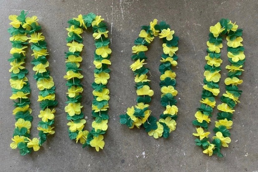 4x Hawaï Slinger Groen Geel Bloemen Feestversiering, Ophalen of Verzenden, Gebruikt, Versiering, Overige