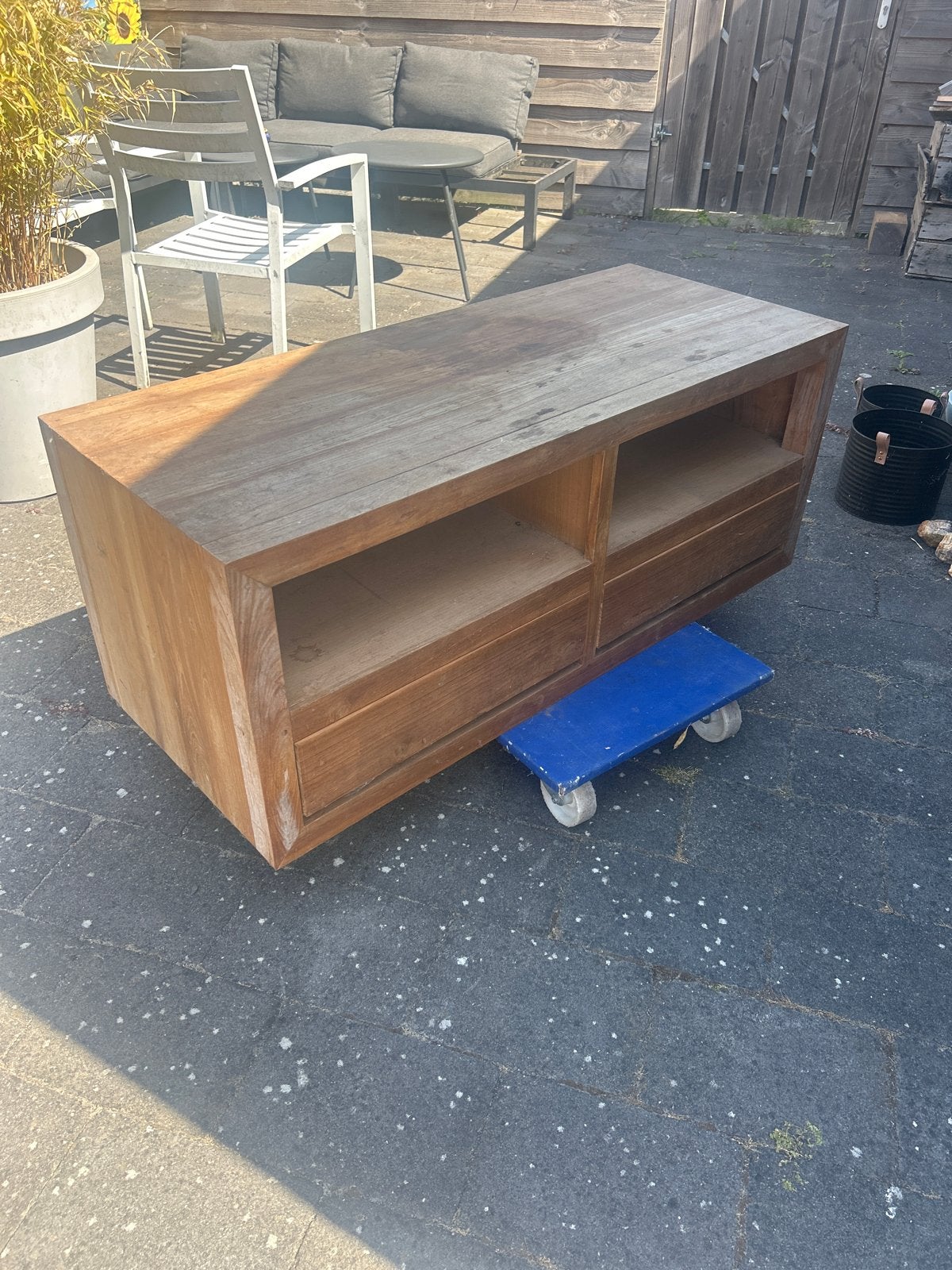 Robuust houten tv-meubel (opknap), Ophalen, Gebruikt, 100 tot 150 cm, Teakhout