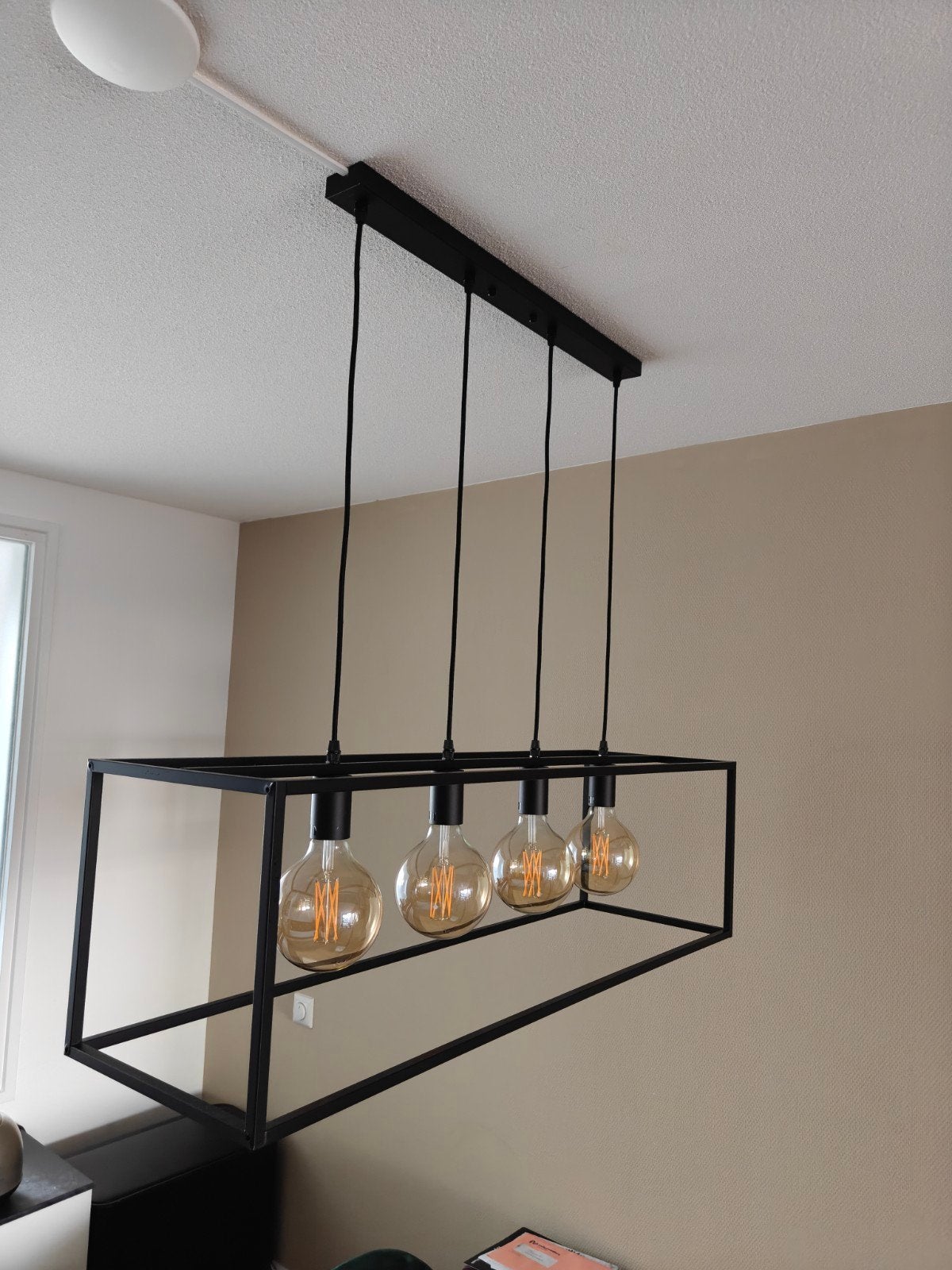 Industriële hanglamp met 4 warm licht peren, Ophalen, E27 (groot), Zo goed als nieuw, Metaal