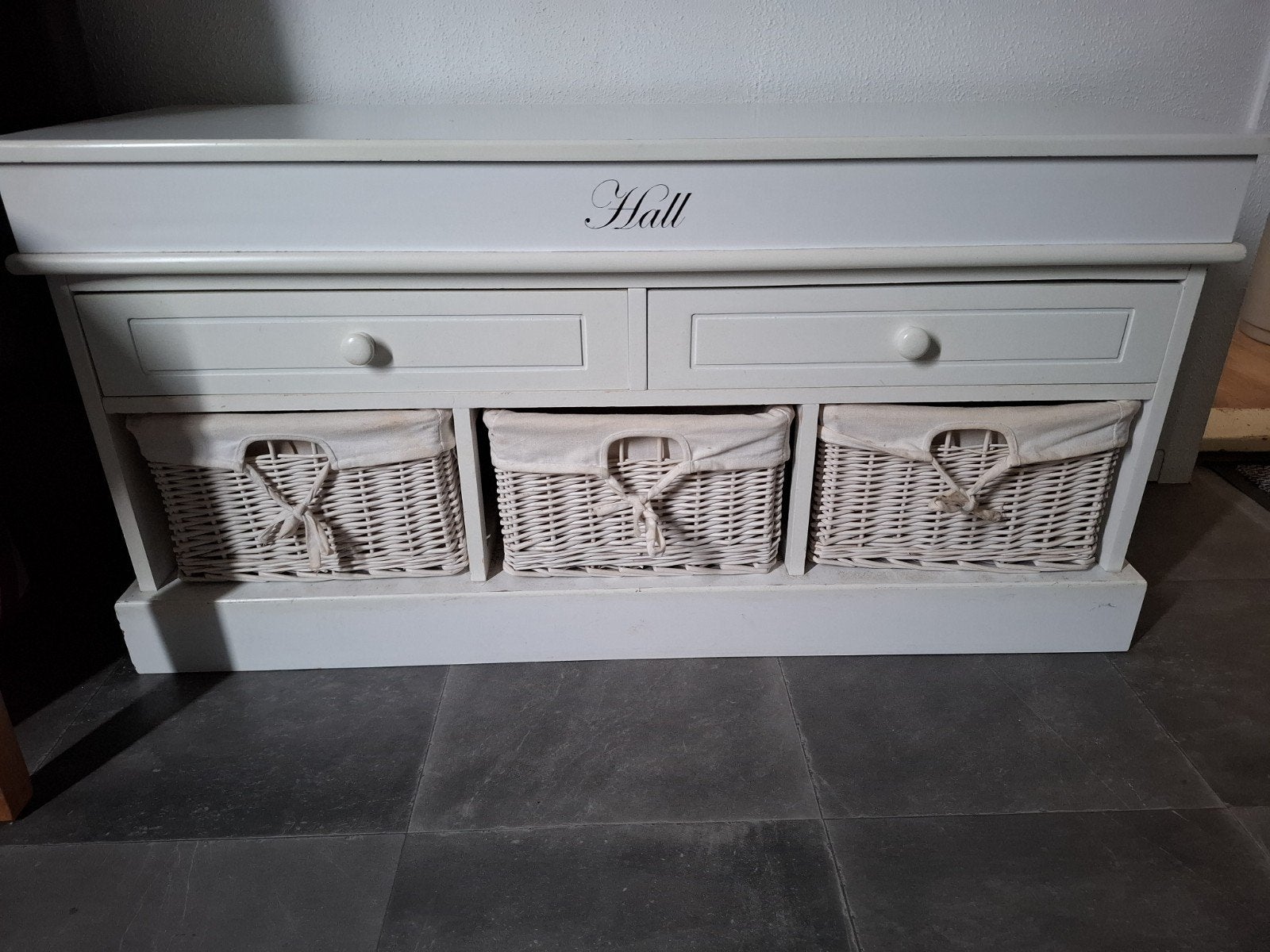 Witte halbank met opbergmanden en lades, Ophalen, Gebruikt, 100 tot 150 cm, Landelijk