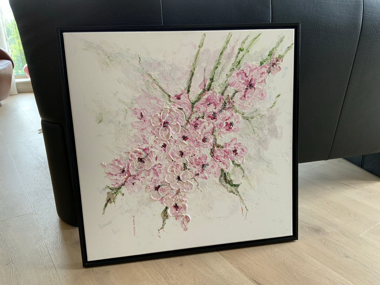 Schilderij met roze bloemen, Antiek en Kunst, Ophalen, Handgeschilderd, Overige materialen, Overige technieken