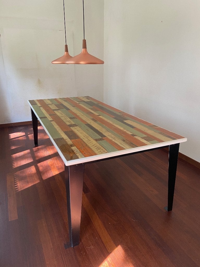 Industriële tafel - boothout - met transparante beschermlaag, Ophalen, Overige materialen, Gebruikt, 200 cm of meer