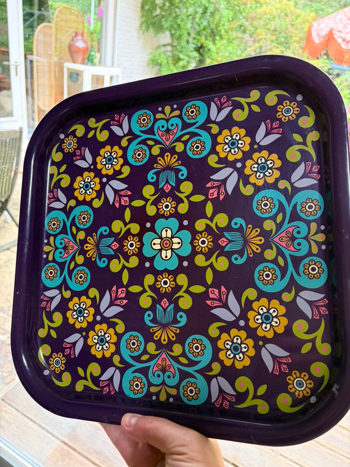 Vintage dienblad jaren 70 Worcester Ware Engeland paars, Ophalen of Verzenden, Gebruikt, Vierkant, Metaal