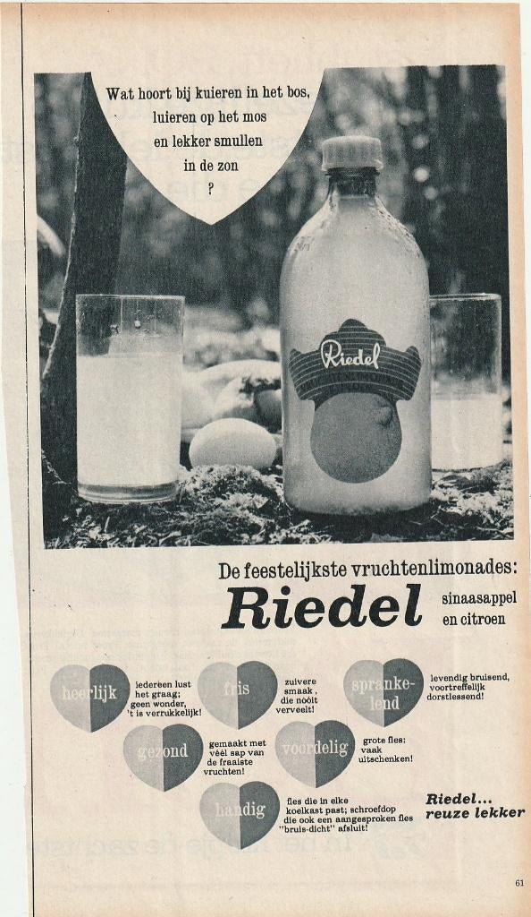 retro reclame 1966 Riedel limonade feestelijk vruchtig, Verzamelen, Verzenden, Overige typen