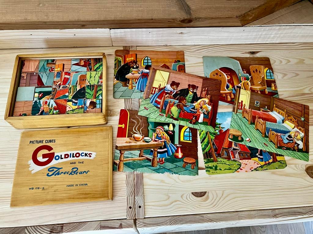 Vintage Houten Puzzelblokken - Goudlokje en de Drie Beren, Gebruikt, 10 tot 50 stukjes, Ophalen of Verzenden, Van hout