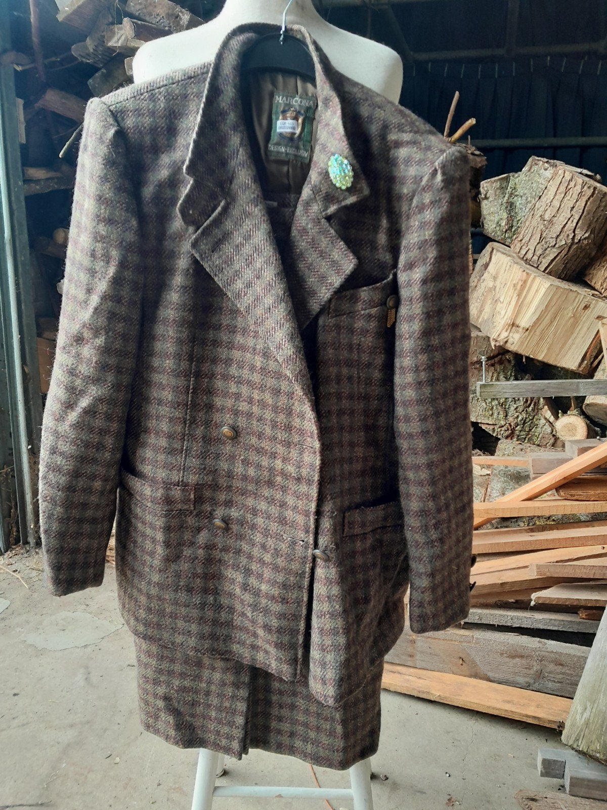 Vintage Marcona Tweed Pak - Jasje en Rok, Maat 38/40 (M), Bruin, Ophalen of Verzenden, Zo goed als nieuw