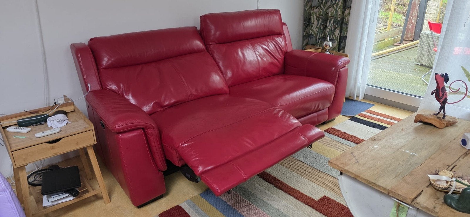 Buitenkans gave zwaar leren relaxbankstel, Ophalen, Gebruikt, 100 tot 125 cm, Driepersoons