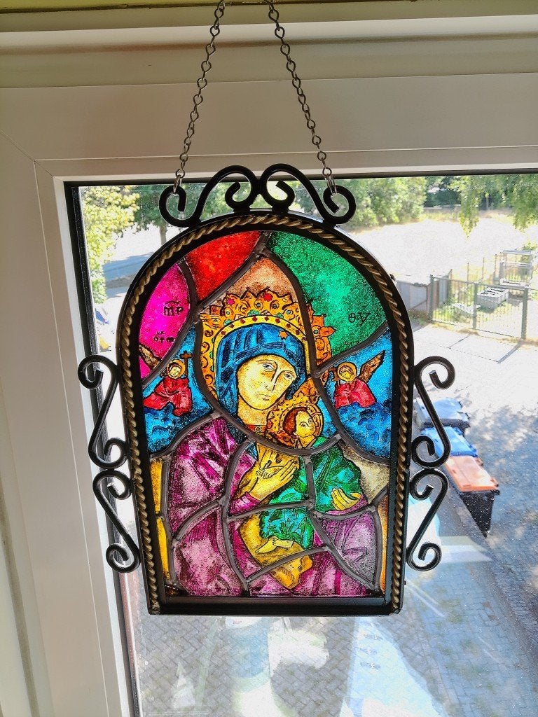 Antiek glas in lood Heilige Maria in lijst neogotische stijl, Ophalen of Verzenden