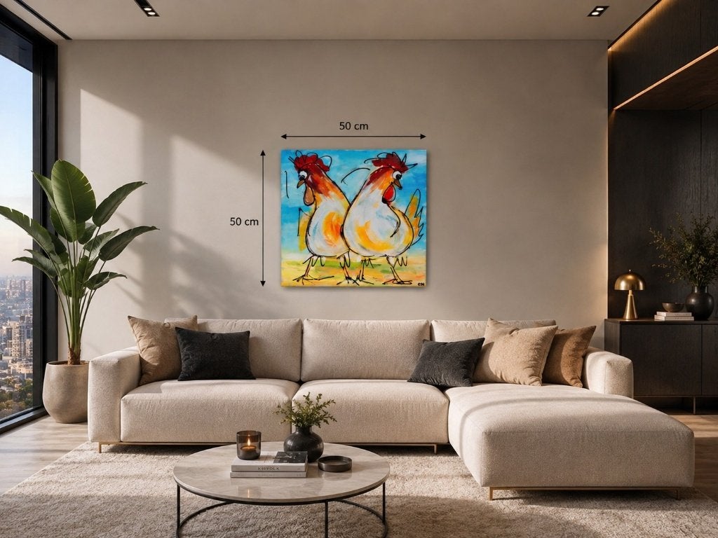 Vrolijk schilderij met twee kippen, Ophalen of Verzenden, Schilderij