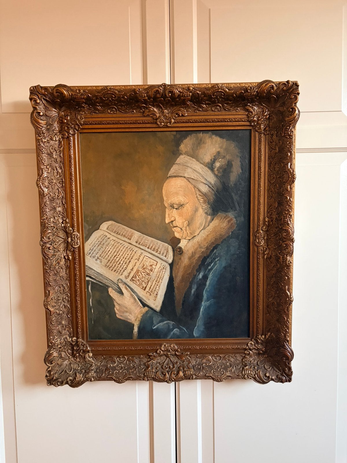 olieverfschilderij 'Lezende oude vrouw' naar Gerrit Dou, Doek, Portret of Personen, Bijzondere lijst, Ophalen of Verzenden