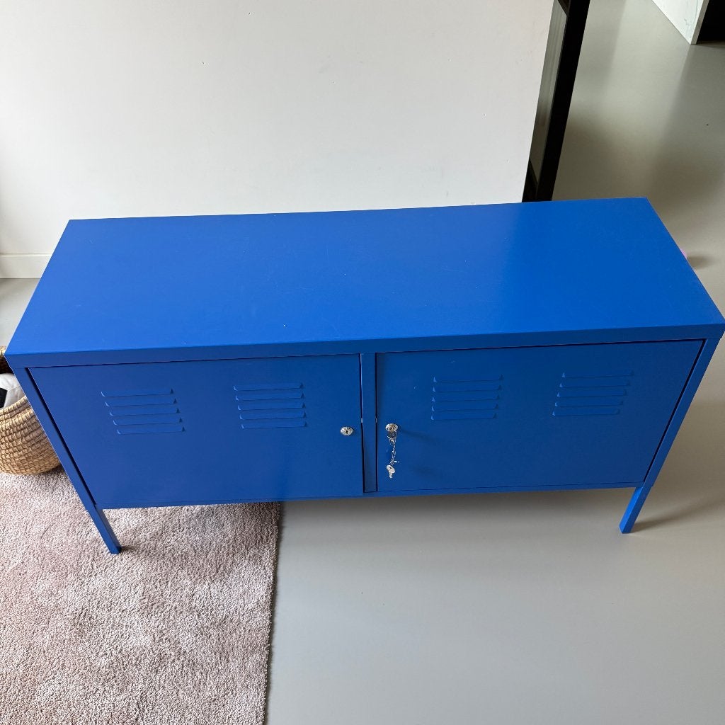 Stoere blauwe metalen lockerkast / tv-meubel - Afsluitbaar, Ophalen, Gebruikt, Modern