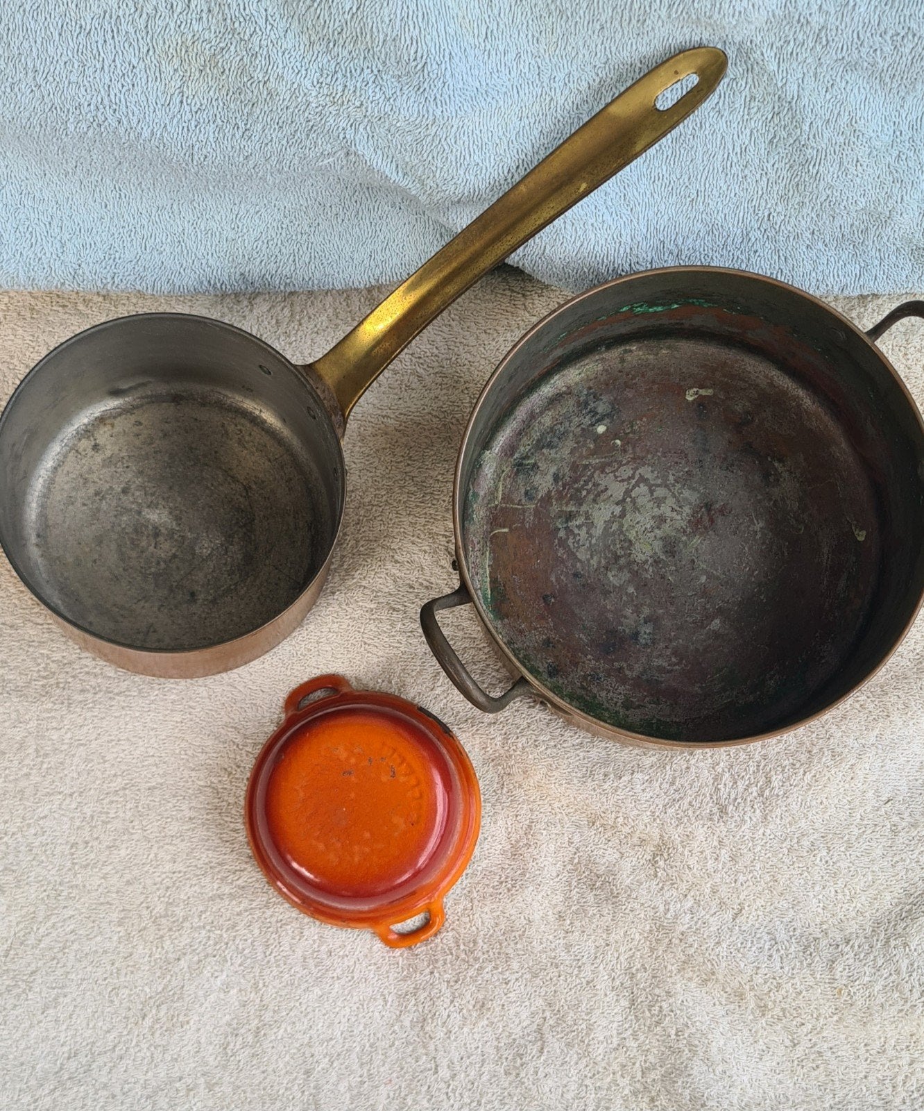 Set van 3 vintage pannen: 2 koper, 1 gietijzer (Knorr), Verzenden