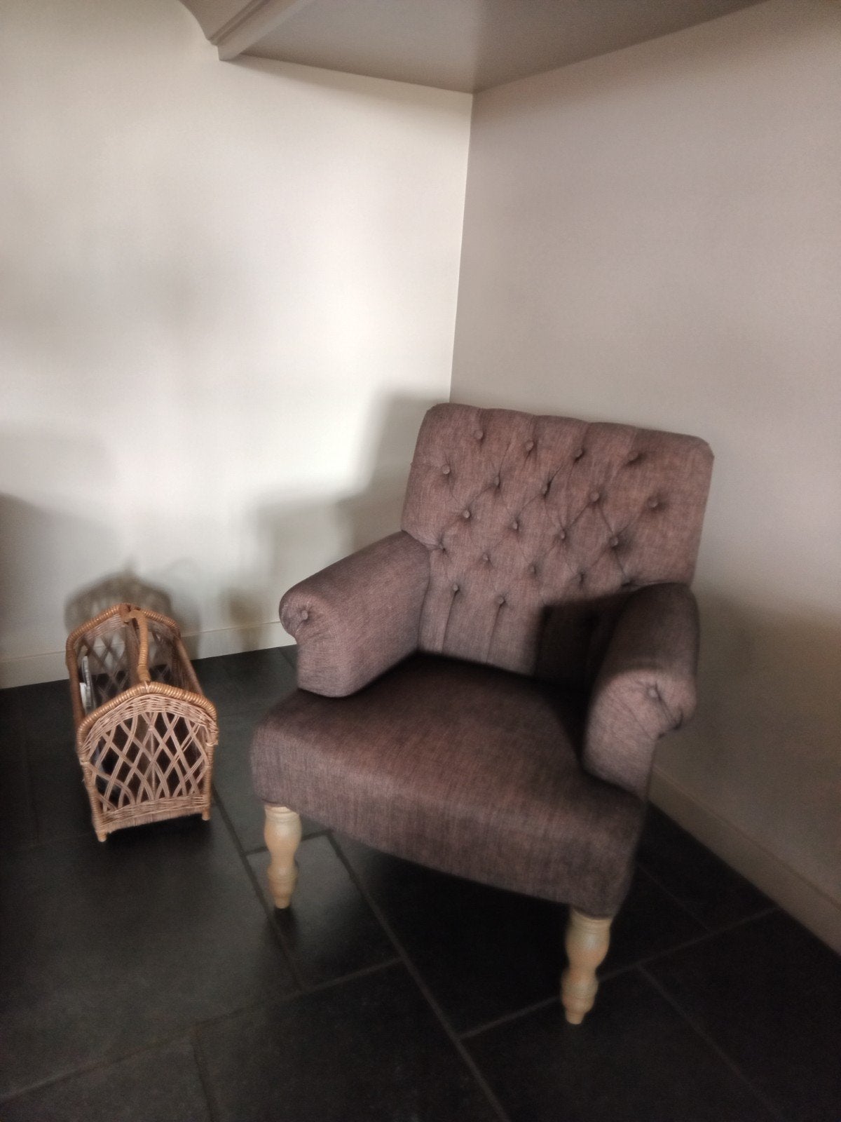 2 richmond fauteuils donkerbruin/zwart gemeleerd, Huis en Inrichting, Ophalen, Hout, Gebruikt, 75 tot 100 cm