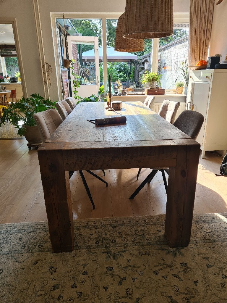 Mooie robuuste eettafel te koop -gemaakt van oud wagonhout, Ophalen, Gebruikt, 100 tot 150 cm, 200 cm of meer