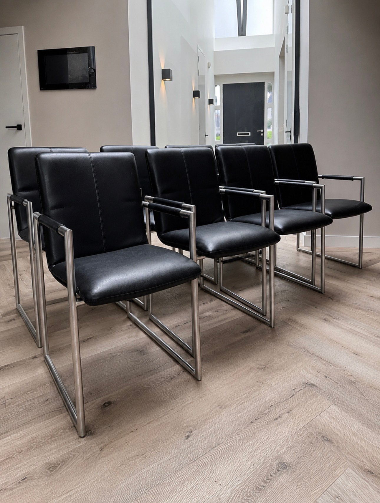4/6/8 zwart leder Henders & Hazel “the Frame” design stoelen, Zwart, ---, Henders en Hazel, Ophalen of Verzenden