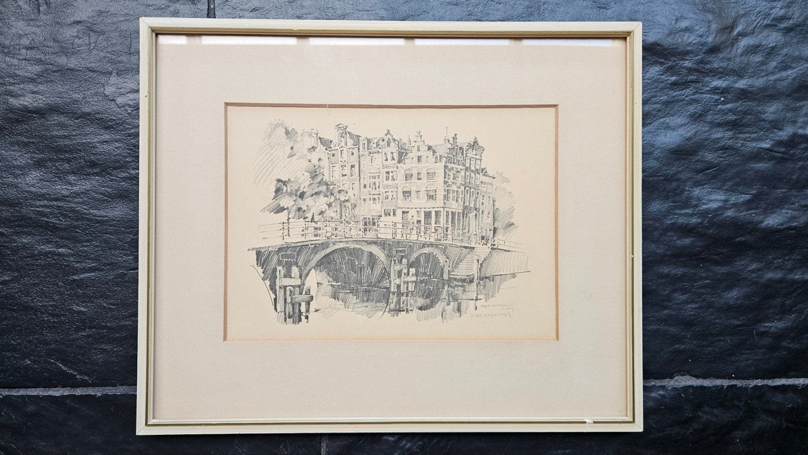 Dirk Kruizinga Prinsengracht Amsterdam - Ingelijste Tekenin, Ophalen of Verzenden, Tekening, Potloodtekening, Gesigneerd