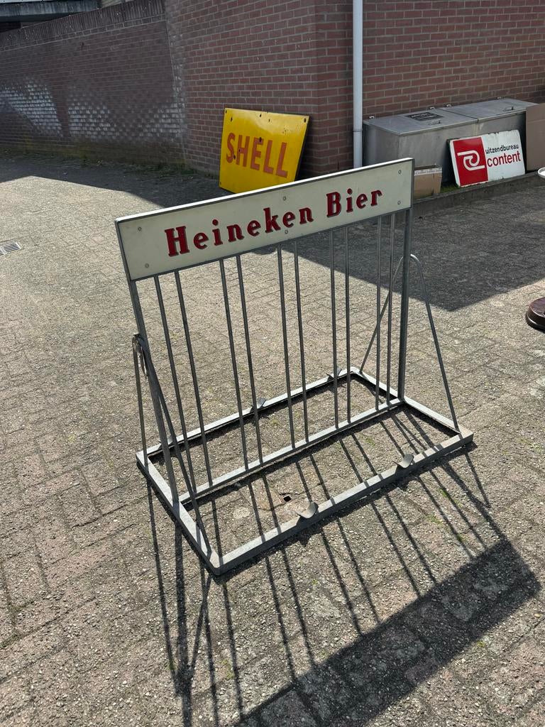 Vintage Heineken Bier fietsenrek / reclamebord, Ophalen, Gebruikt, Reclamebord, Plaat of Schild, Heineken