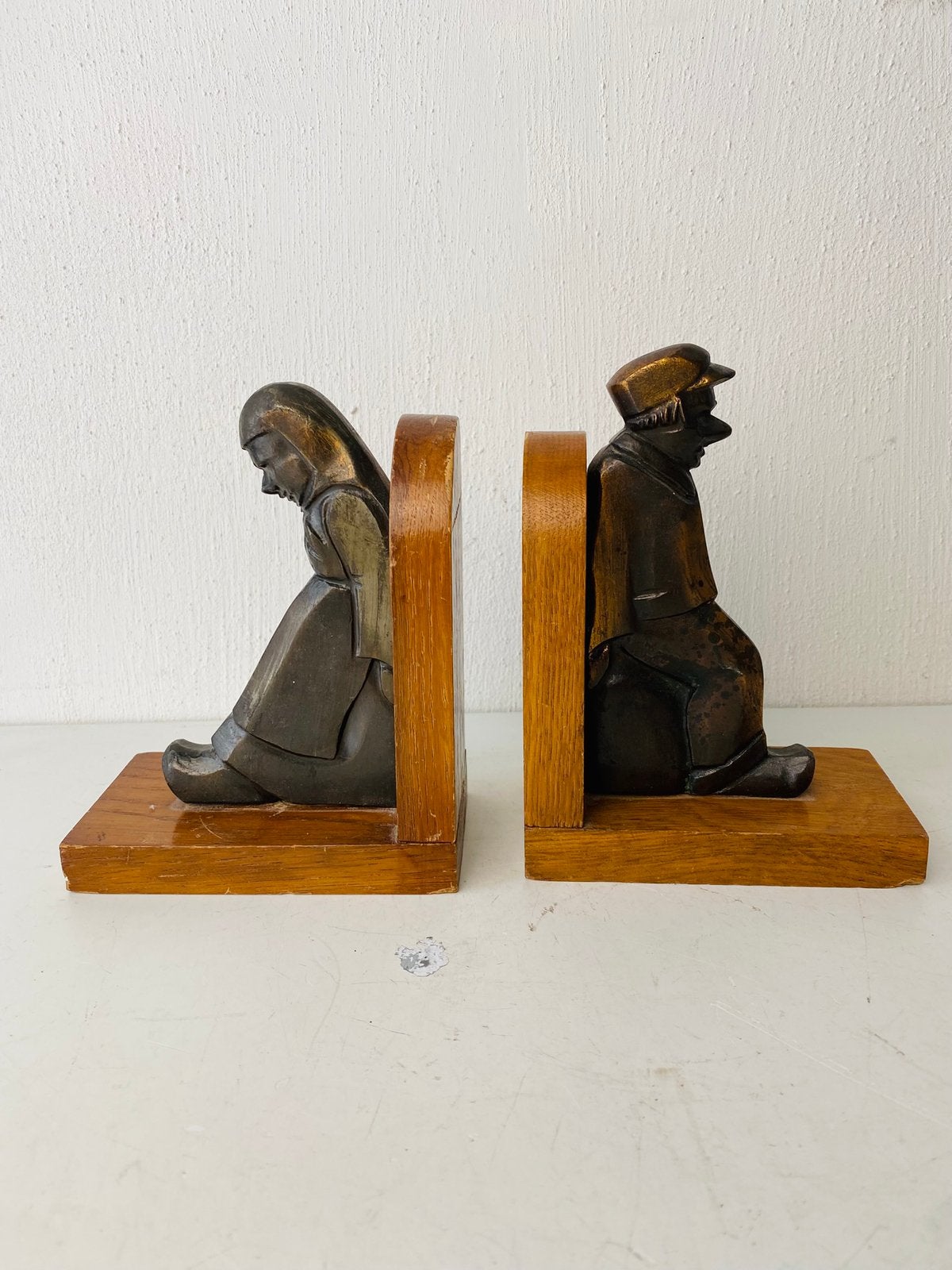 Art Deco bronzen boekensteunen boer en boerin, Antiek en Kunst, Ophalen of Verzenden